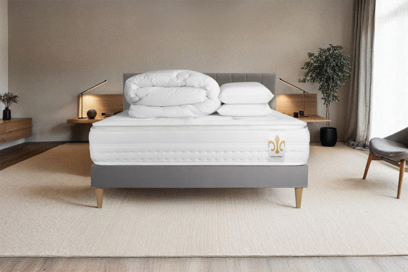 Pack lit complet 200x200 cm - Matelas + Sommier Gris (en kit) + 2 oreillers + Couette - Vingt-Huit PLUS