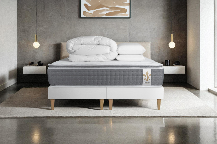 Pack lit complet 160x200 cm - Matelas + 2 Sommiers Blancs + 2 oreillers + Couette - Vingt-Six PLUS