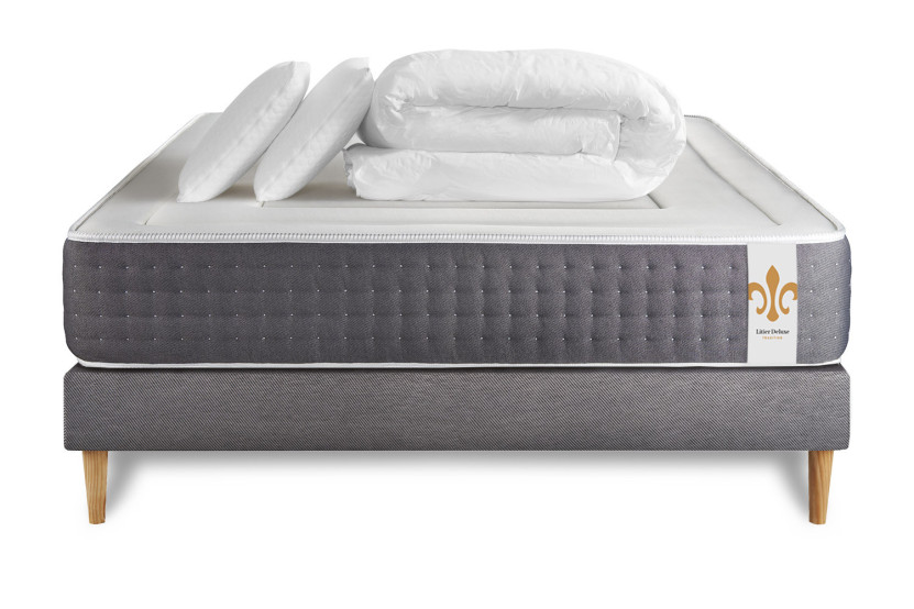 Pack lit complet 140x190 cm - Matelas + Sommier Gris + 2 oreillers + Couette - Vingt-Six