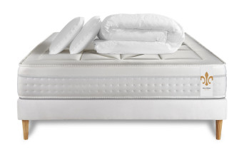 Pack lit complet 140x200 cm - Matelas + Sommier Blanc (en kit) + 2 oreillers + Couette - Vingt-Huit