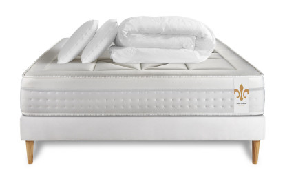 Pack lit complet 140x200 cm - Matelas + Sommier Blanc (en kit) + 2 oreillers + Couette - Vingt-Huit