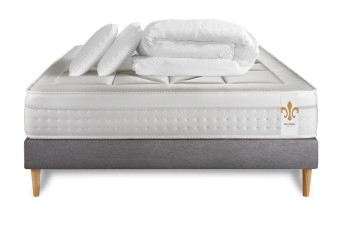 Pack lit complet 140x190 cm - Matelas + Sommier Gris (en kit) + 2 oreillers + Couette - Vingt-Huit