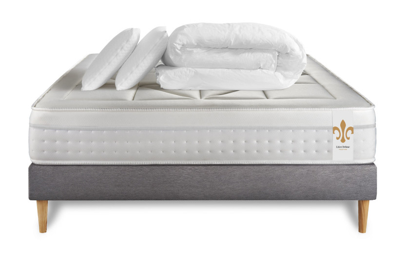 Pack lit complet 140x190 cm - Matelas + Sommier Gris (en kit) + 2 oreillers + Couette - Vingt-Huit