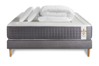 Pack lit complet 140x200 cm - Matelas + Sommier Gris + 2 oreillers + Couette - Vingt-Six