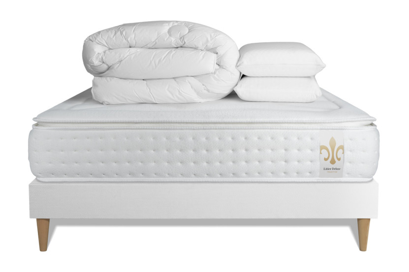 Pack lit complet 140x190 cm - Matelas + Sommier Blanc (en kit) + 2 oreillers + Couette - Vingt-Quatre PLUS