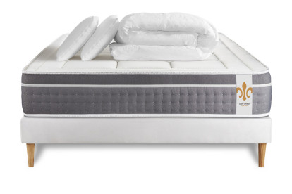 Pack lit complet 140x200 cm - Matelas + Sommier Blanc (en kit) + 2 oreillers + Couette - Trente