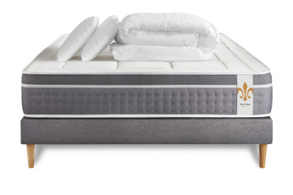 Pack lit complet 180x200 cm - Matelas + Sommier Gris (en kit) + 2 oreillers + Couette - Trente