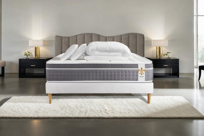 Pack lit complet 200x200 cm - Matelas + Sommier Blanc (en kit) + 2 oreillers + Couette - Trente