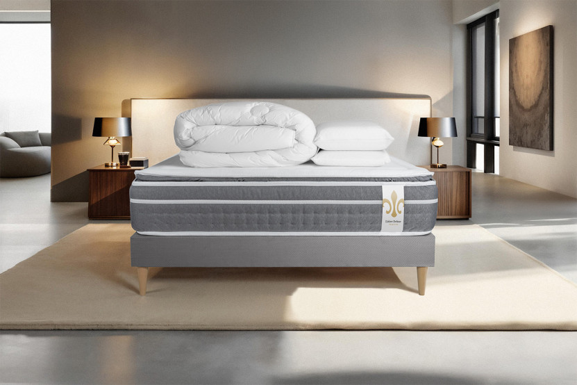 Pack lit complet 160x200 cm - Matelas + Sommier Gris (en kit) + 2 oreillers + Couette - Trente PLUS
