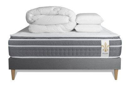 Pack lit complet 200x200 cm - Matelas + Sommier Gris (en kit) + 2 oreillers + Couette - Trente PLUS