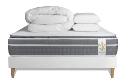 Pack lit complet 180x200 cm - Matelas + Sommier Blanc (en kit) + 2 oreillers + Couette - Trente PLUS