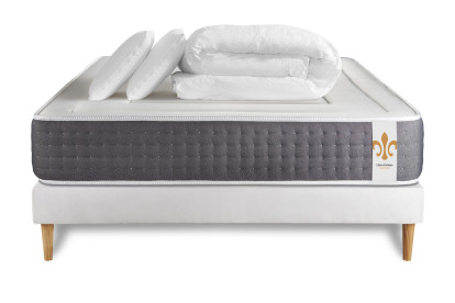 Pack lit complet 140x200 cm - Matelas + Sommier Blanc + 2 oreillers + Couette - Vingt-Six