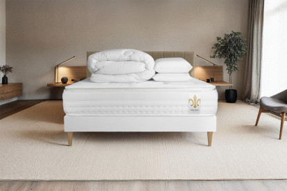 Pack lit complet 140x190 cm - Matelas + Sommier Blanc (en kit) + 2 oreillers + Couette - Vingt-Huit PLUS