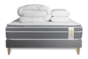 Pack lit complet 160x200 cm - Matelas + Sommier Gris (en kit) + 2 oreillers + Couette - Trente PLUS