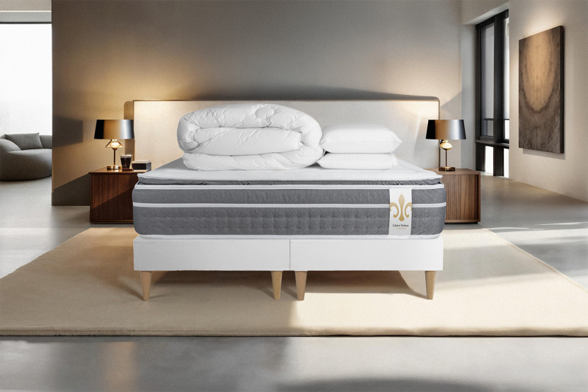 Pack lit complet 160x200 cm - Matelas + 2 Sommiers Blancs + 2 oreillers + Couette - Trente PLUS