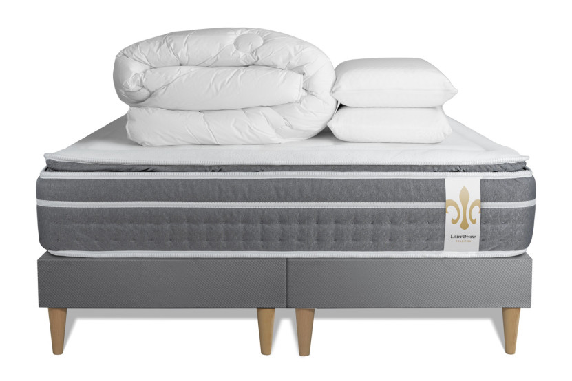 Pack lit complet 200x200 cm - Matelas + 2 Sommiers Gris + 2 oreillers + Couette - Trente PLUS