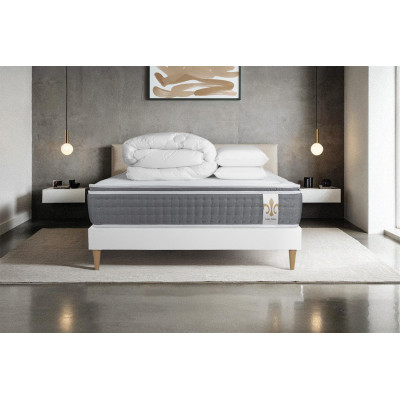 Pack lit complet 140x190 cm - Matelas + Sommier Blanc + 2 oreillers + Couette - Vingt-Six PLUS