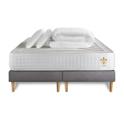 Pack lit complet 200x200 cm - Matelas + 2 Sommiers Gris + 2 oreillers + Couette - Vingt-Quatre