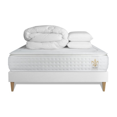 Pack lit complet 180x200 cm - Matelas + Sommier Blanc (en kit) + 2 oreillers + Couette - Vingt-Quatre PLUS