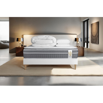 Pack lit complet 140x190 cm - Matelas + Sommier Blanc + 2 oreillers + Couette - Trente PLUS