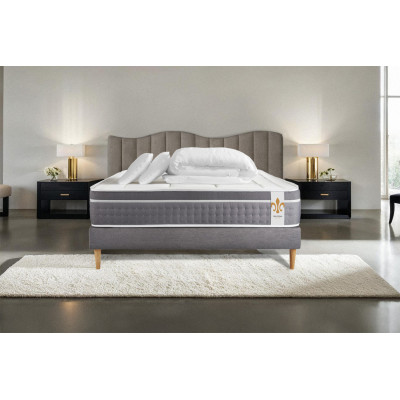 Pack lit complet 140x190 cm - Matelas + Sommier Gris (en kit) + 2 oreillers + Couette - Trente