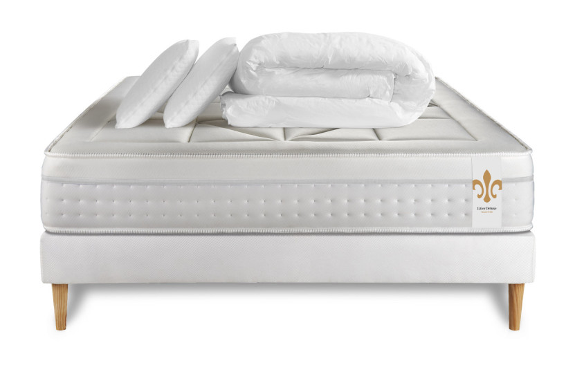 Pack lit complet 200x200 cm - Matelas + Sommier Blanc (en kit) + 2 oreillers + Couette - Vingt-Huit