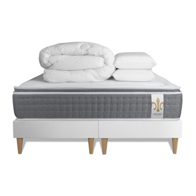 Pack lit complet 160x200 cm - Matelas + 2 Sommiers Blancs + 2 oreillers + Couette - Vingt-Six PLUS