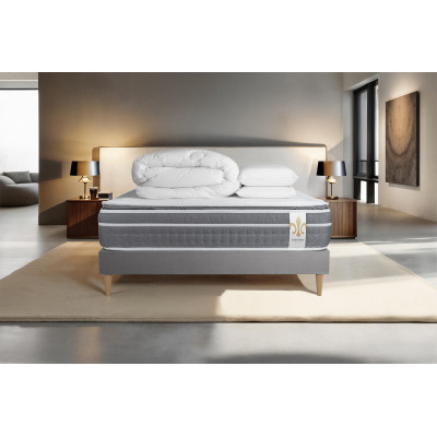 Pack lit complet 140x190 cm - Matelas + Sommier Gris (en kit) + 2 oreillers + Couette - Trente PLUS