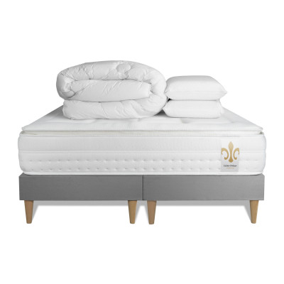 Pack lit complet 180x200 cm - Matelas + 2 Sommiers Gris + 2 oreillers + Couette - Vingt-Huit PLUS