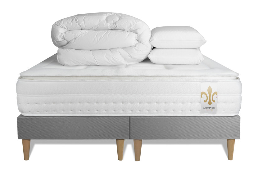 Pack lit complet 180x200 cm - Matelas + 2 Sommiers Gris + 2 oreillers + Couette - Vingt-Huit PLUS