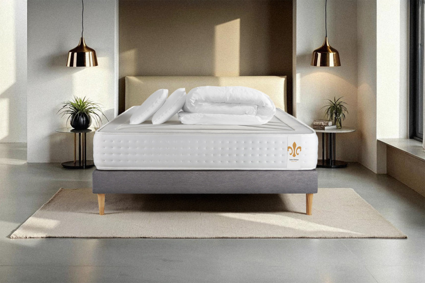 Pack lit complet 140x200 cm - Matelas + Sommier Gris + 2 oreillers + Couette - Vingt-Quatre