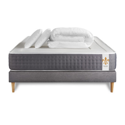 Pack lit complet 200x200 cm - Matelas + Sommier Gris (en kit) + 2 oreillers + Couette - Vingt-Six