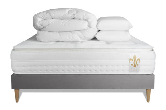 Pack lit complet 140x200 cm - Matelas + Sommier Gris (en kit) + 2 oreillers + Couette - Vingt-Huit PLUS