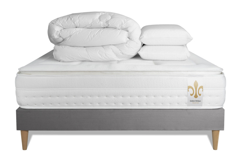 Pack lit complet 140x200 cm - Matelas + Sommier Gris (en kit) + 2 oreillers + Couette - Vingt-Huit PLUS