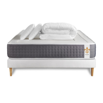 Pack lit complet 200x200 cm - Matelas + Sommier Blanc (en kit) + 2 oreillers + Couette - Vingt-Six