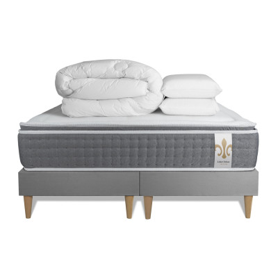 Pack lit complet 200x200 cm - Matelas + 2 Sommiers Gris + 2 oreillers + Couette - Vingt-Six PLUS