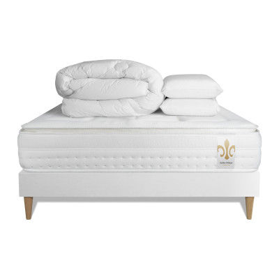 Pack lit complet 140x190 cm - Matelas + Sommier Blanc (en kit) + 2 oreillers + Couette - Vingt-Huit PLUS