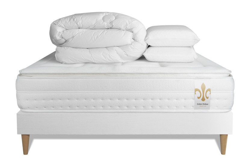 Pack lit complet 140x190 cm - Matelas + Sommier Blanc (en kit) + 2 oreillers + Couette - Vingt-Huit PLUS