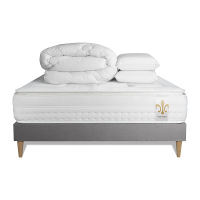 Pack lit complet 140x190 cm - Matelas + Sommier Gris (en kit) + 2 oreillers + Couette - Vingt-Huit PLUS