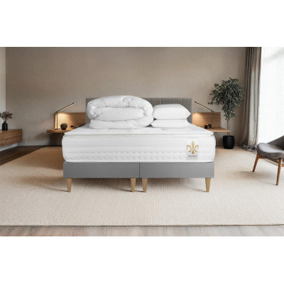Pack lit complet 180x200 cm - Matelas + 2 Sommiers Gris + 2 oreillers + Couette - Vingt-Huit PLUS