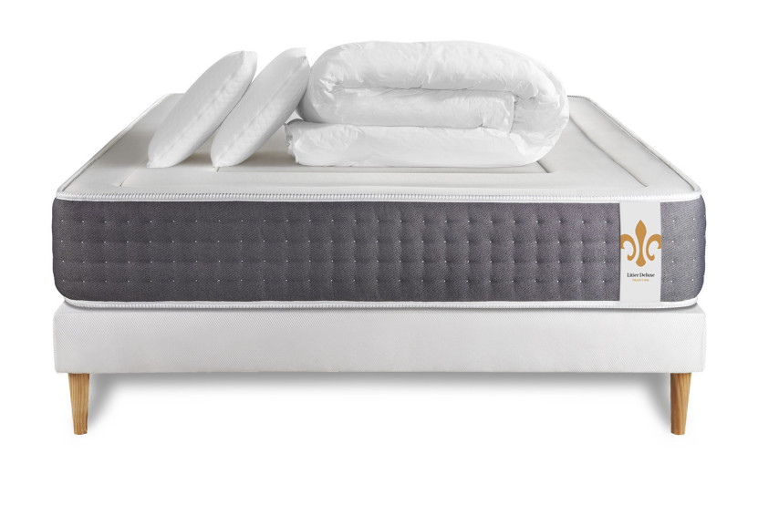 Pack lit complet 140x190 cm - Matelas + Sommier Blanc + 2 oreillers + Couette - Vingt-Six