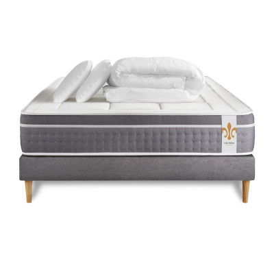 Pack lit complet 140x200 cm - Matelas + Sommier Gris + 2 oreillers + Couette - Trente