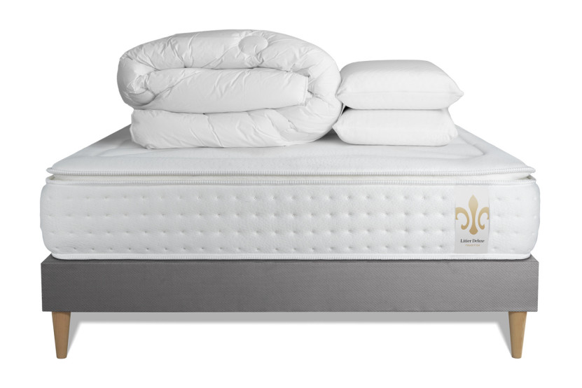 Pack lit complet 160x200 cm - Matelas + Sommier Gris + 2 oreillers + Couette - Vingt-Quatre PLUS
