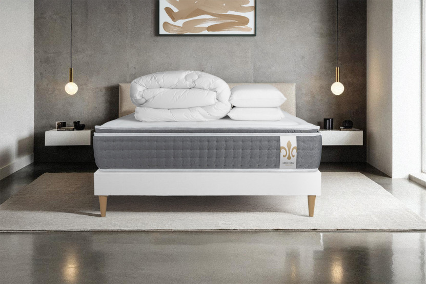 Pack lit complet 160x200 cm - Matelas + Sommier Blanc + 2 oreillers + Couette - Vingt-Six PLUS