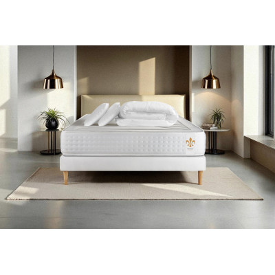 Pack lit complet 160x200 cm - Matelas + Sommier Blanc (en kit) + 2 oreillers + Couette - Vingt-Quatre