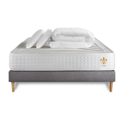 Pack lit complet 160x200 cm - Matelas + Sommier Gris + 2 oreillers + Couette - Vingt-Quatre