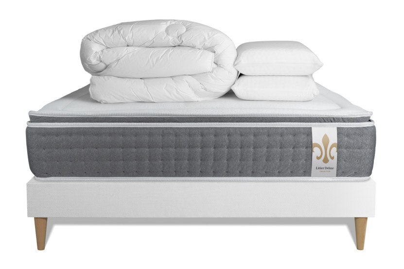 Pack lit complet 140x190 cm - Matelas + Sommier Blanc + 2 oreillers + Couette - Vingt-Six PLUS