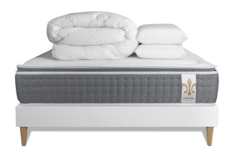 Pack lit complet 140x190 cm - Matelas + Sommier Blanc (en kit) + 2 oreillers + Couette - Vingt-Six PLUS
