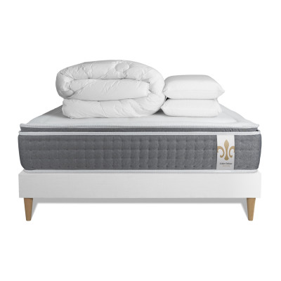 Pack lit complet 140x190 cm - Matelas + Sommier Blanc (en kit) + 2 oreillers + Couette - Vingt-Six PLUS