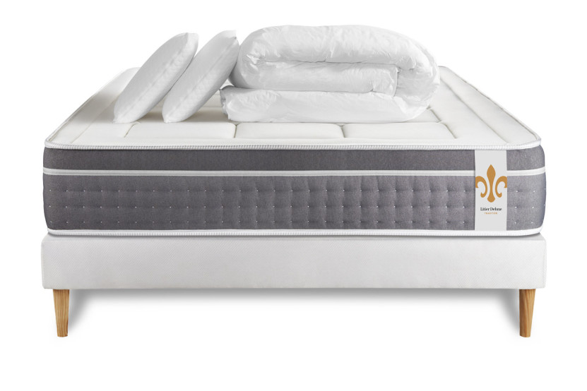 Pack lit complet 180x200 cm - Matelas + Sommier Blanc (en kit) + 2 oreillers + Couette - Trente